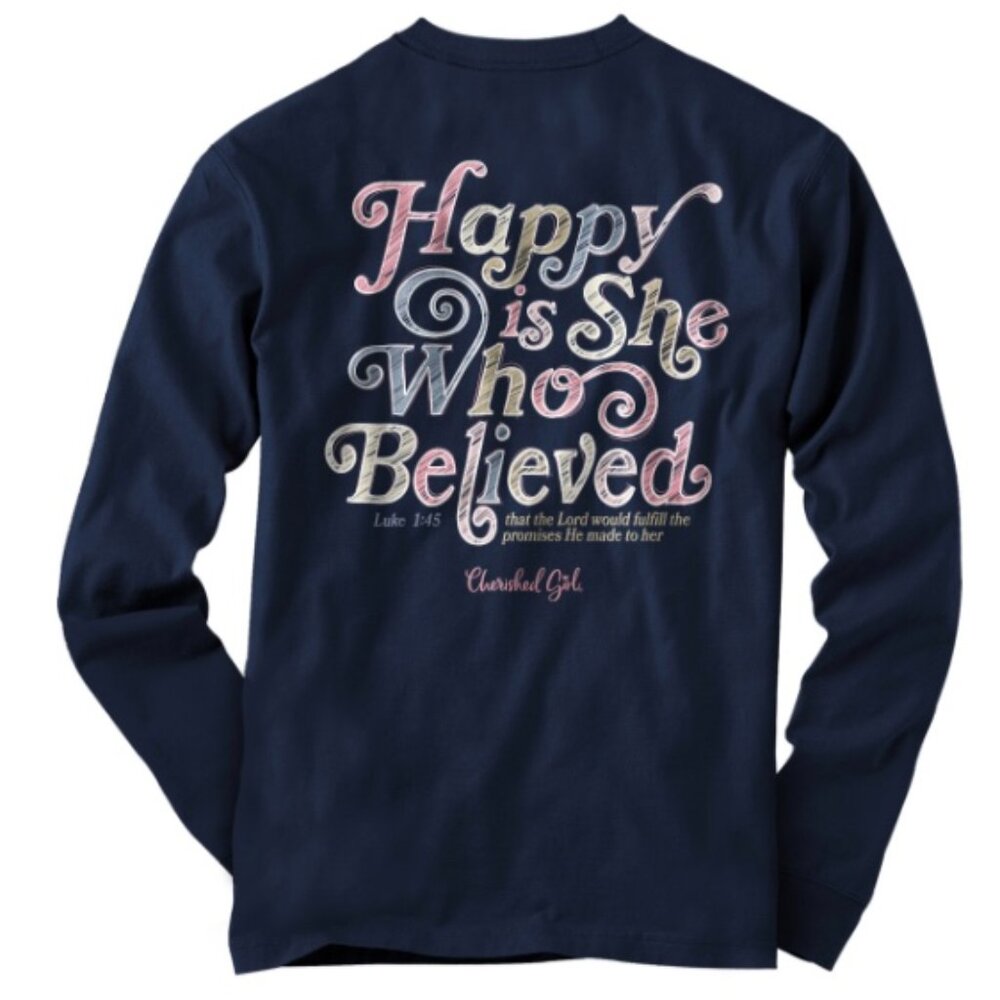 Kerusso Cherished Girl Women's Long Sleeve T-Shirt - "Happy Is She" - NEW